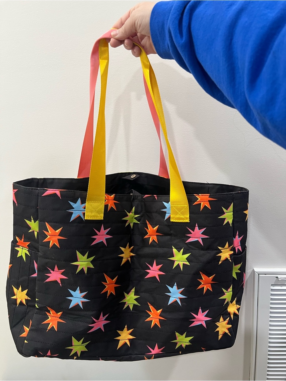 Black Star-Print Quilted Tote Bag with Yellow & Pink Handles